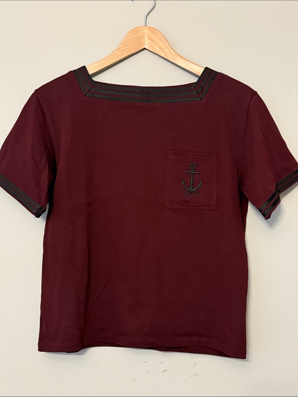 See by Chloe Anchor Pocket Tee Burgundy Contrast Trim Top